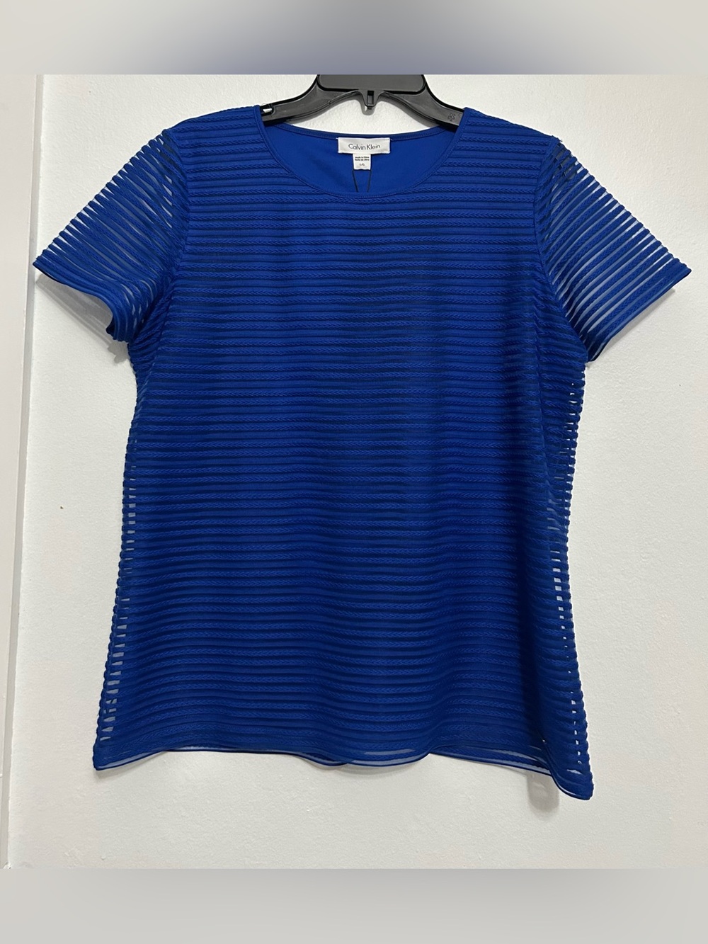 Calvin Klein Blue Short Sleeve Sheer Stripe Top